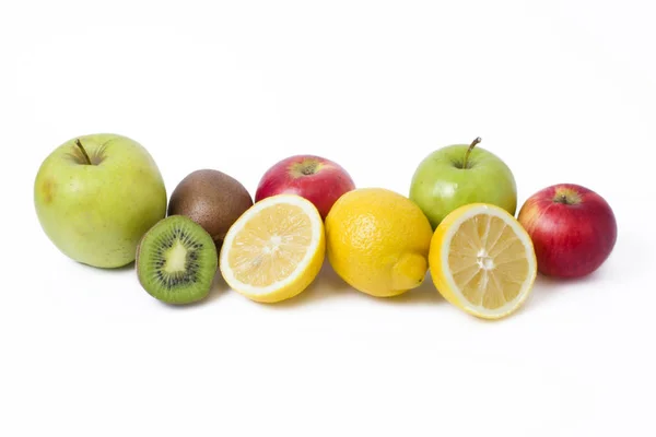 Citron Jablek Kiwi Bílém Pozadí Kiwi Citronem Bílém Pozadí Ovoce — Stock fotografie