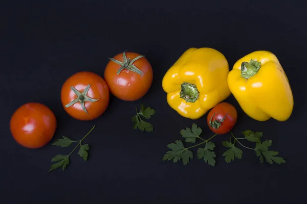 Yellow Pepper Tomatoes Greens Dark Background Composition Red Tomatoes Yellow — Stock Photo, Image