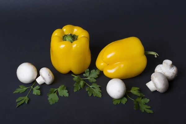 Yellow Pepper Mushrooms Herbs Dark Background Composition Yellow Peppers White — Stock Photo, Image