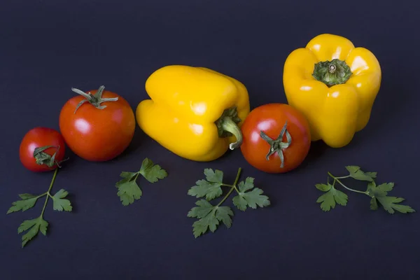 Yellow Pepper Tomatoes Greens Dark Background Composition Red Tomatoes Yellow — Stock Photo, Image