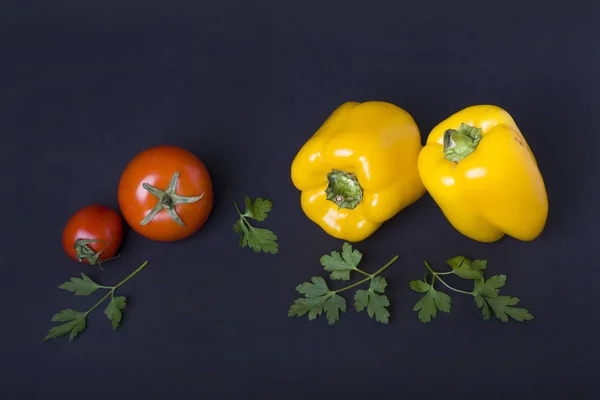 Yellow Pepper Tomatoes Greens Dark Background Composition Red Tomatoes Yellow — Stock Photo, Image