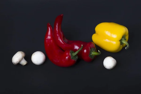 Yellow Pepper Red Pepper Mushrooms Black Background — Stock Photo, Image