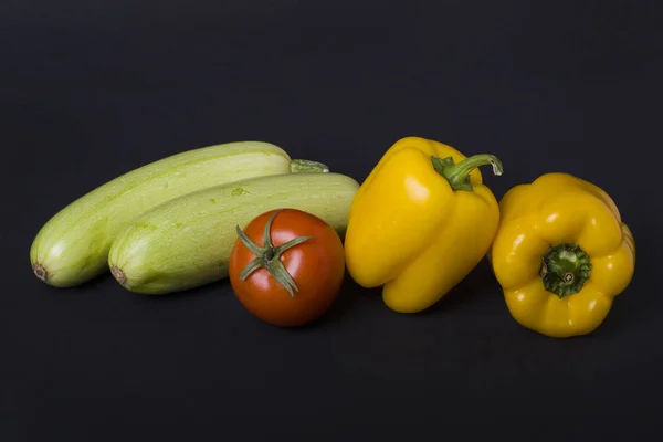 Yellow Peppers Zucchini Tomatoes Dark Background Composition Different Vegetables Dark — Stock Photo, Image