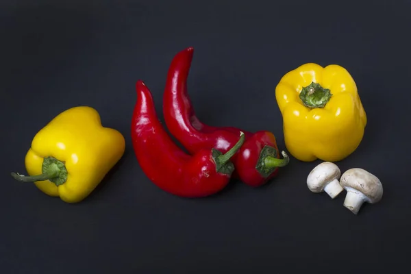 Yellow Pepper Red Pepper Mushrooms Black Background — Stock Photo, Image