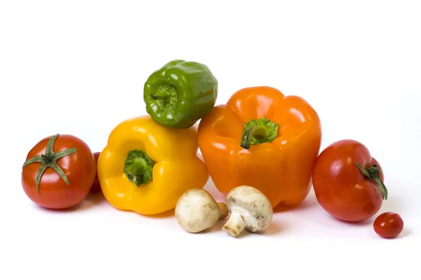 Red Yellow Orange Peppers Tomatoes White Background — Stock Photo, Image