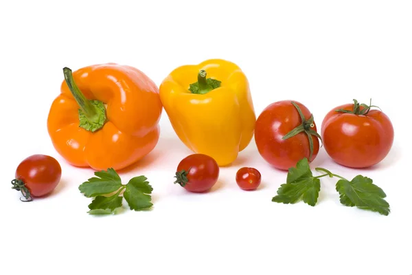 Yellow Orange Peppers Tomatoes White Background — Stock Photo, Image