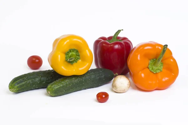 Red Yellow Orange Peppers Tomatoes White Background — Stock Photo, Image