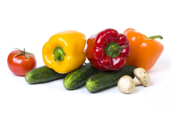 Red Yellow Orange Peppers Tomatoes White Background Cucumbers Colorful Peppers — Stock Photo, Image