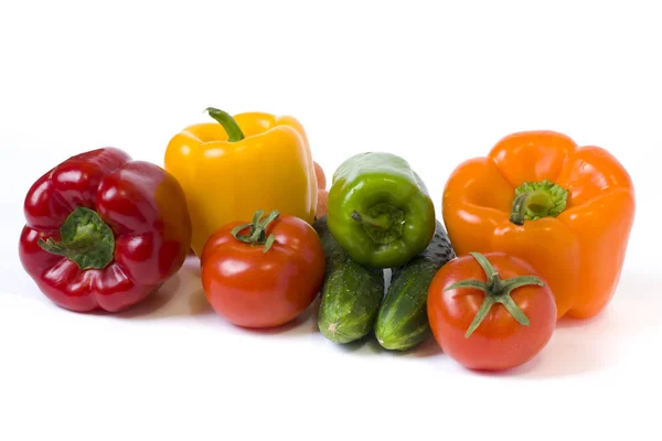 Red Yellow Orange Peppers Tomatoes White Background Cucumbers Colorful Peppers — Stock Photo, Image