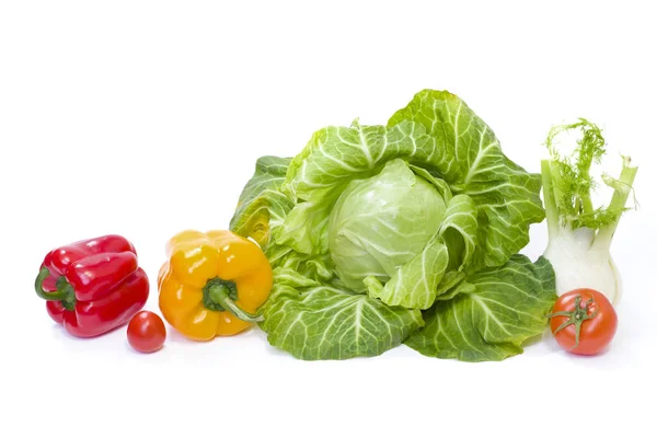 Green cabbage. Red and yellow pepper. Red tomatoes. Composition — Stock Photo, Image