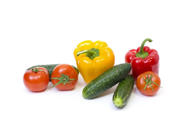 Red Pepper Yellow Pepper Tomatoes White Background Cucumbers Peppers Tomatoes — Stock Photo, Image