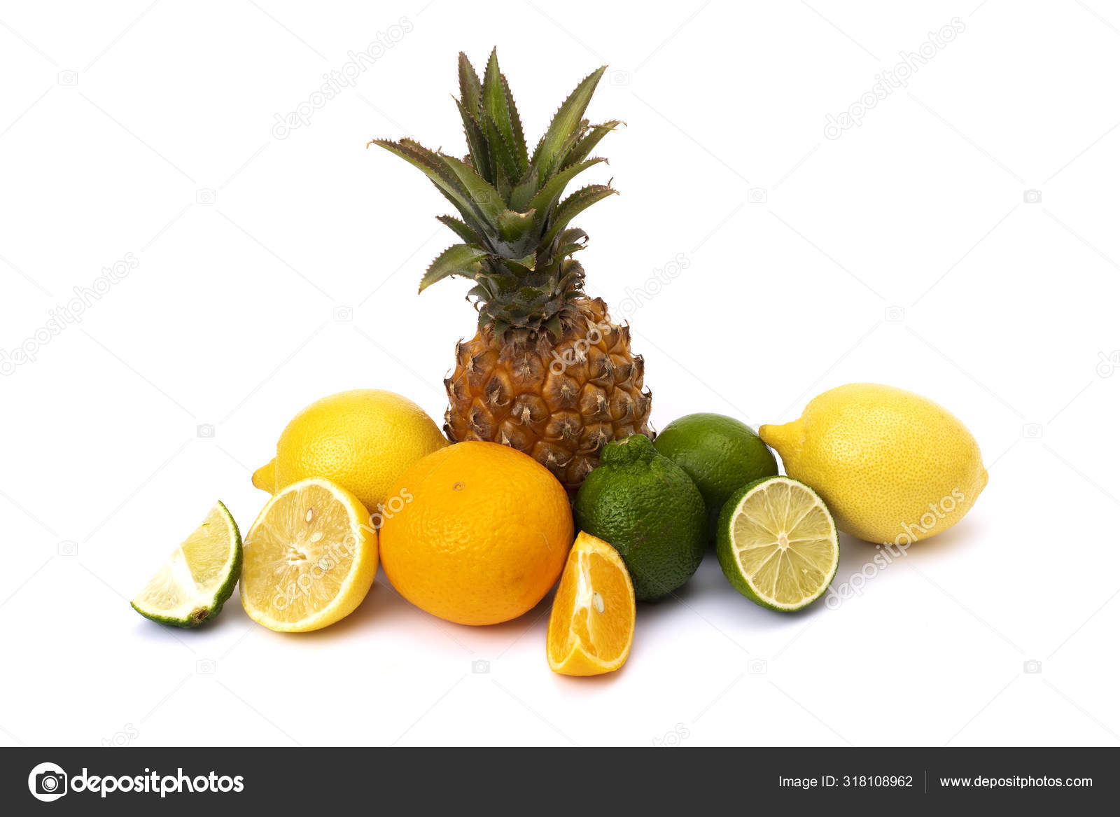 Abacaxi Com Limão Limão Laranjas Sobre Fundo Branco Grupo Citrinos — Foto ©  karmen-siuyta@mail.ru #318108962, image size:1600x1167