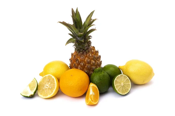 Pineapple Lemon Lime Oranges White Background Group Citrus Fruits Close — Stock Photo, Image