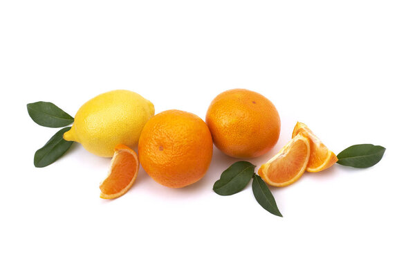 Oranges and yellow lemon on a white isolated background. Lemon and orange close-up. Juicy citrus fruits.