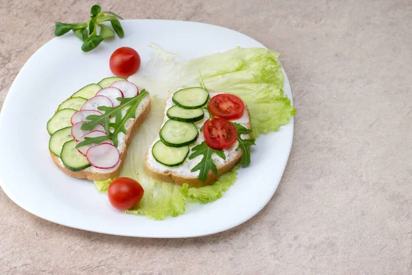 お皿の上に野菜とベジタリアンサンドイッチのセット テーブルの上に白いプレートにカッテージチーズ キュウリ チェリートマトと大根のサンドイッチ — ストック写真