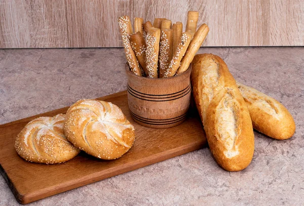 Τραγανό Ψωμί Ψωμάκια Γαλλικές Μπαγκέτες Φρέσκο Ψωμί Φόντο Ψωμιού Διαφορετική — Φωτογραφία Αρχείου