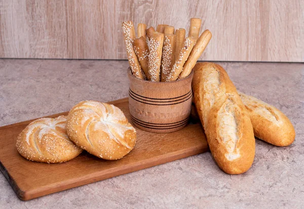 Τραγανό Ψωμί Ψωμάκια Γαλλικές Μπαγκέτες Φρέσκο Ψωμί Φόντο Ψωμιού Διαφορετική — Φωτογραφία Αρχείου