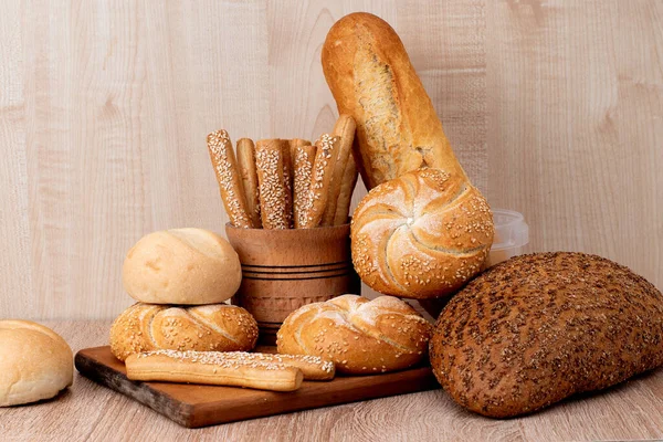 Knuspriges Brot Mit Brötchen Französisches Baguette Frisches Knäckebrot Brot Hintergrund — Stockfoto