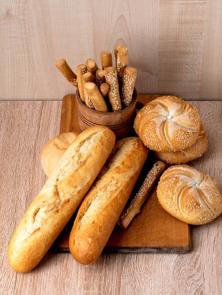 Pão Crocante Com Pães Baguetes Francesas Pão Fresco Fundo Pão — Fotografia de Stock
