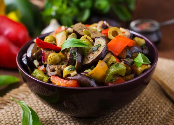 Hot spicy stew eggplants on plate — Stock Photo, Image