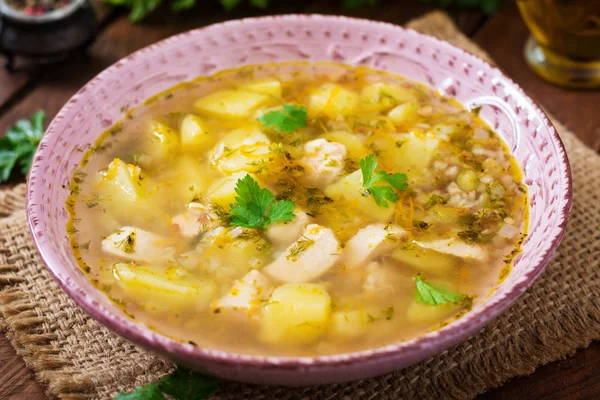 Sopa de pollo con patatas y trigo sarraceno —  Fotos de Stock