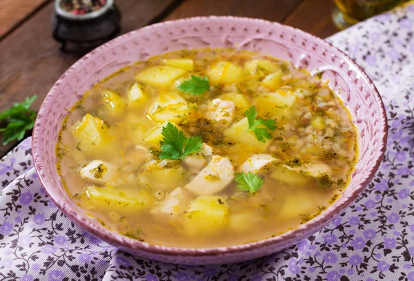 Chicken soup with potatoes and buckwheat — Stock Image Chicken soup with potatoes and buckwheat Stock Picture