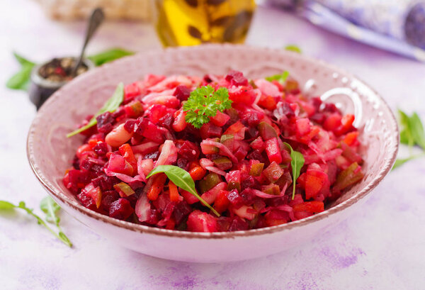 Beet salad Vinaigrette in a pink bowl