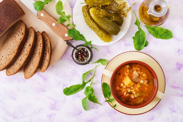 Soup with pickled cucumbers and pearl barley — Stock Image Soup with pickled cucumbers and pearl barley Stock Picture