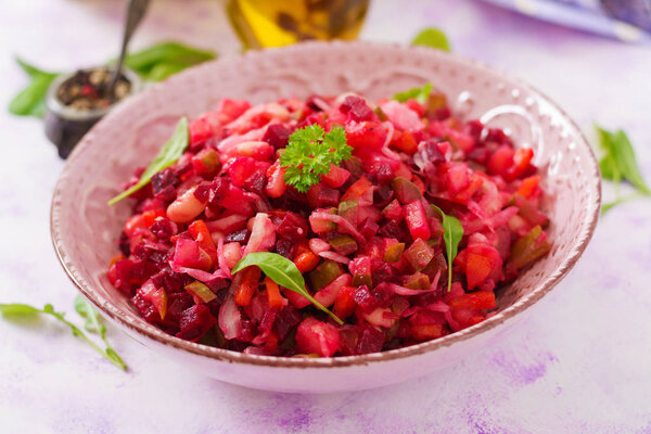 Beet salad Vinaigrette in a pink bowl