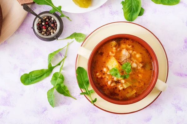 Soup with pickled cucumbers and pearl barley — Stock Image Soup with pickled cucumbers and pearl barley Royalty Free Stock Images