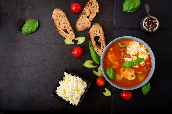 Tjocka tomatsoppa med köttfärs — Stockfoto