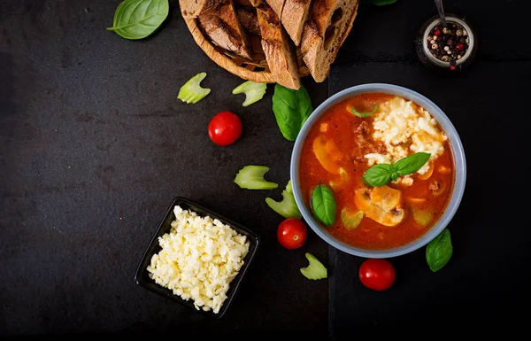 Sopa de tomate grossa com carne picada — Fotografia de Stock