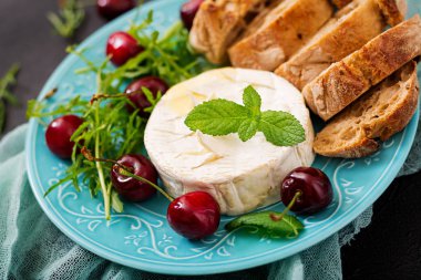 Mavi plaka üzerinde pişmiş Camembert peyniri
