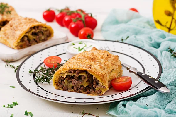 Aptitretande Strudel Med Malet Nötkött Och Tomater Med Sås — Stockfoto