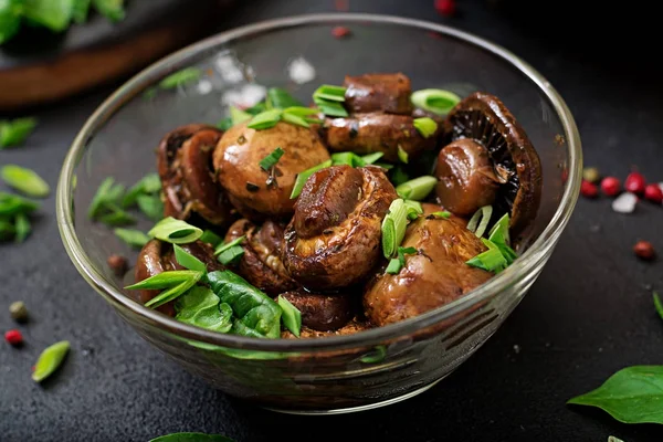 Baked Mushrooms Soy Sauce Herbs Glass Bowl — Stock Photo, Image