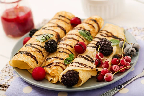 Pancakes Chocolate Jam Berries Tasty Breakfast — Stock Photo, Image