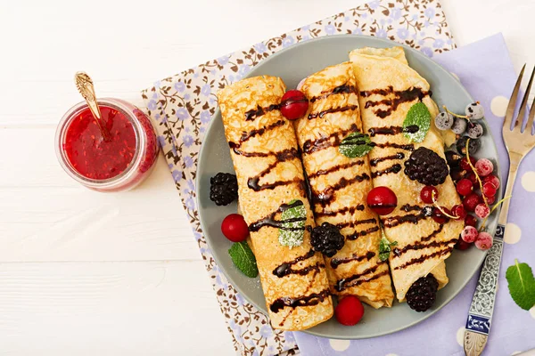 Pancakes Chocolate Jam Berries Tasty Breakfast Flat Lay Top View — Stock Photo, Image