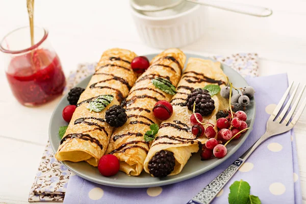 Pancakes Chocolate Jam Berries Tasty Breakfast — Stock Photo, Image