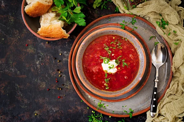 Bortsch Ukrainien Traditionnel Avec Bœuf Sur Bol Vue Dessus — Photo