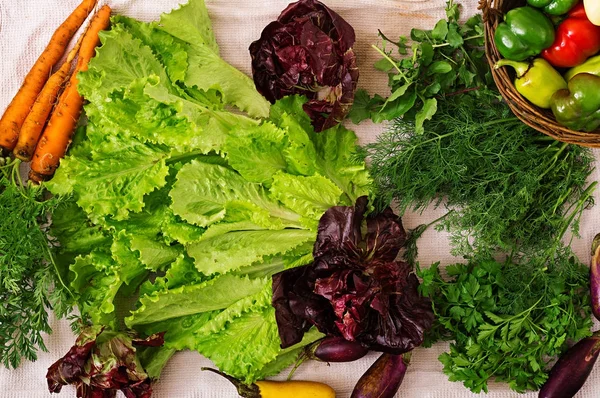 Surtido Verduras Hierbas Verdes Mercado Acostado Vista Superior — Foto de Stock