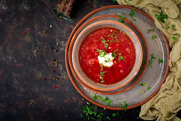 Traditional Ukrainian borscht with beef on the bowl. Top view — Stock Image Traditional Ukrainian Borscht Beef Bowl Top View Royalty Free Stock Photos