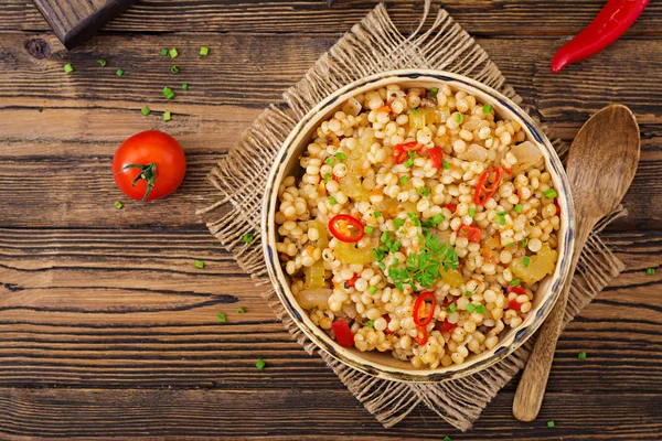 Mingau Vegetariano Cuscuz Turco Com Legumes Menu Dietético Cozinha Vegan — Fotografia de Stock