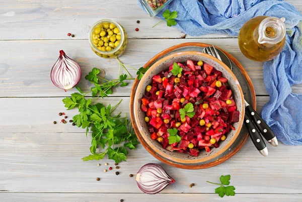 Свекольный Салат Vinaigrette Веганская Кухня Диетическое Меню Вид Сверху — стоковое фото