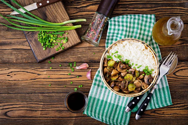 Vegan Menu Dietary Food Boiled Rice Mushrooms Brussels Sprouts Asian — Stock Photo, Image