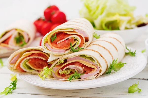 Tortilla Wrap Ham Cheese Tomatoes White Wooden Background — Stock Photo, Image