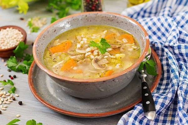 Zuppa Spessa Con Orzo Perlato Sedano Pollo Funghi Menù Dietetico — Foto Stock