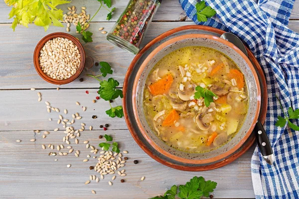 Thick soup with pearl barley, celery, chicken, and mushrooms. Dietary menu. Top view — Stock Image Thick Soup Pearl Barley Celery Chicken Mushrooms Dietary Menu Top Stock Image