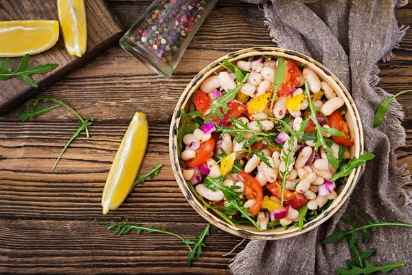 Salată Cannellini Fasole Albă Salată Vegană Meniu Dietetic Plat Lay — Fotografie, imagine de stoc