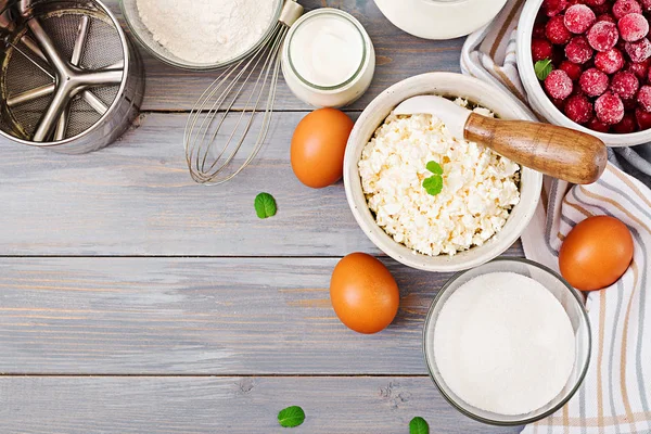 Ingredients Preparation Cottage Cheese Casserole Cherries Tasty Breakfast Top View — Stock Photo, Image