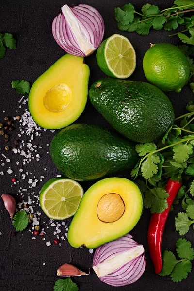 Guacamole Sauce Ingredients Avocado Onion Pepper Chili Garlic Cilantro Lime — Stock Photo, Image